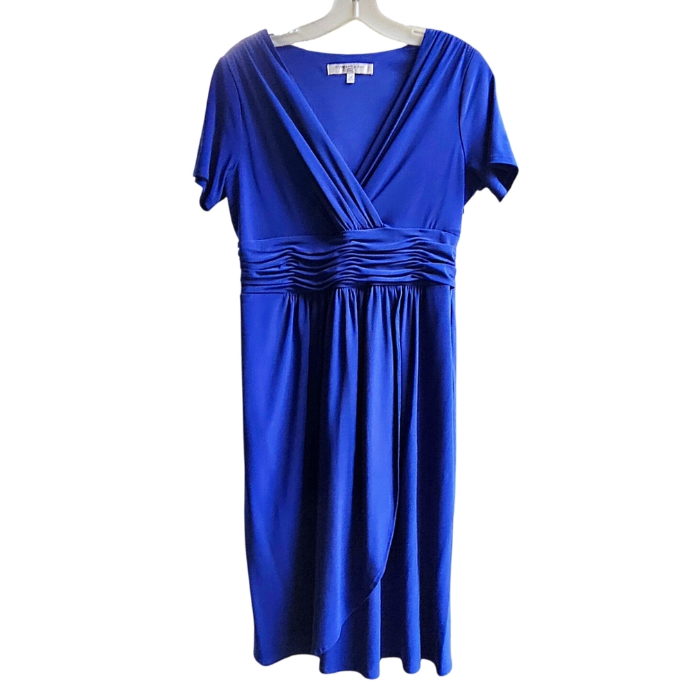 Evan Picone Royal Blue V Neck Short Sleeve Pleated Waist Wrap Dress Size 12P